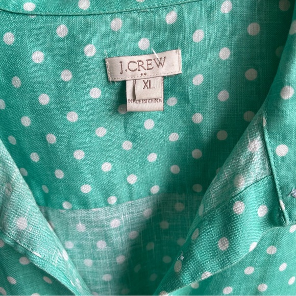J Crew Green White Polka Dots 100% Linen Button Up Shirt Size XL Office Beach - Picture 3 of 8
